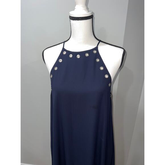 Lumiére Navy Mini Dress, Silver Grommet Halter, Size M, Cocktail Party - Picture 2 of 9